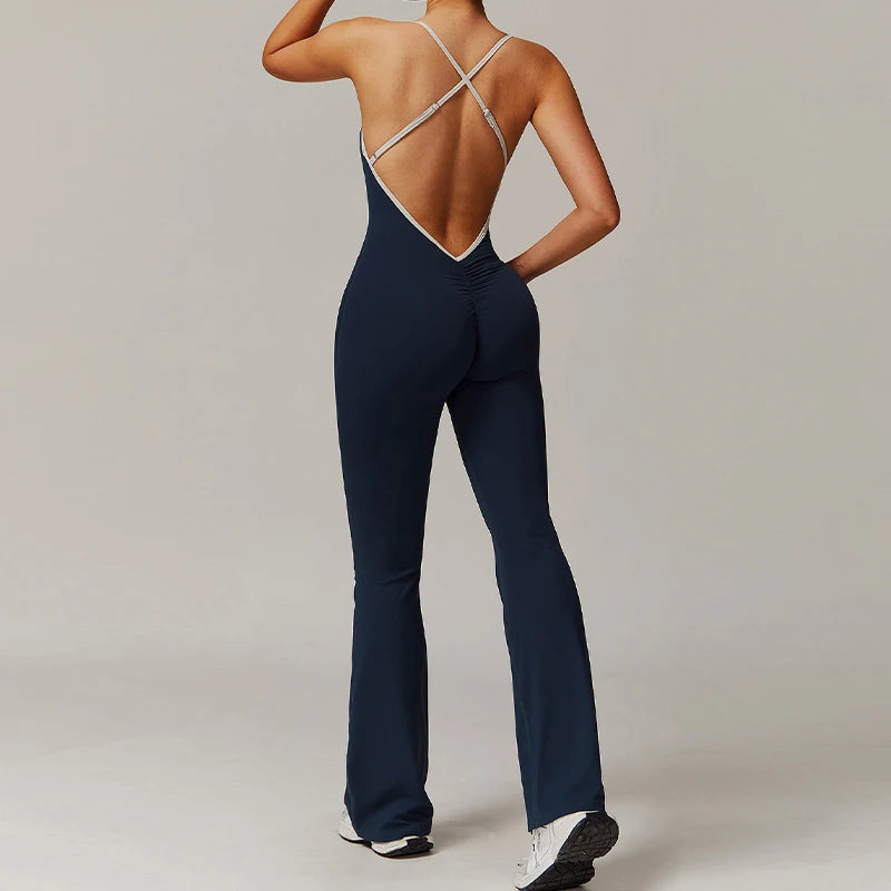 KAVRA V-Back Jumpsuit – Women’s One-Piece Sports Suit | Backless Yoga & Workout Wear | Sleeveless Athletic Overalls for a Sleek, Comfortable Fit